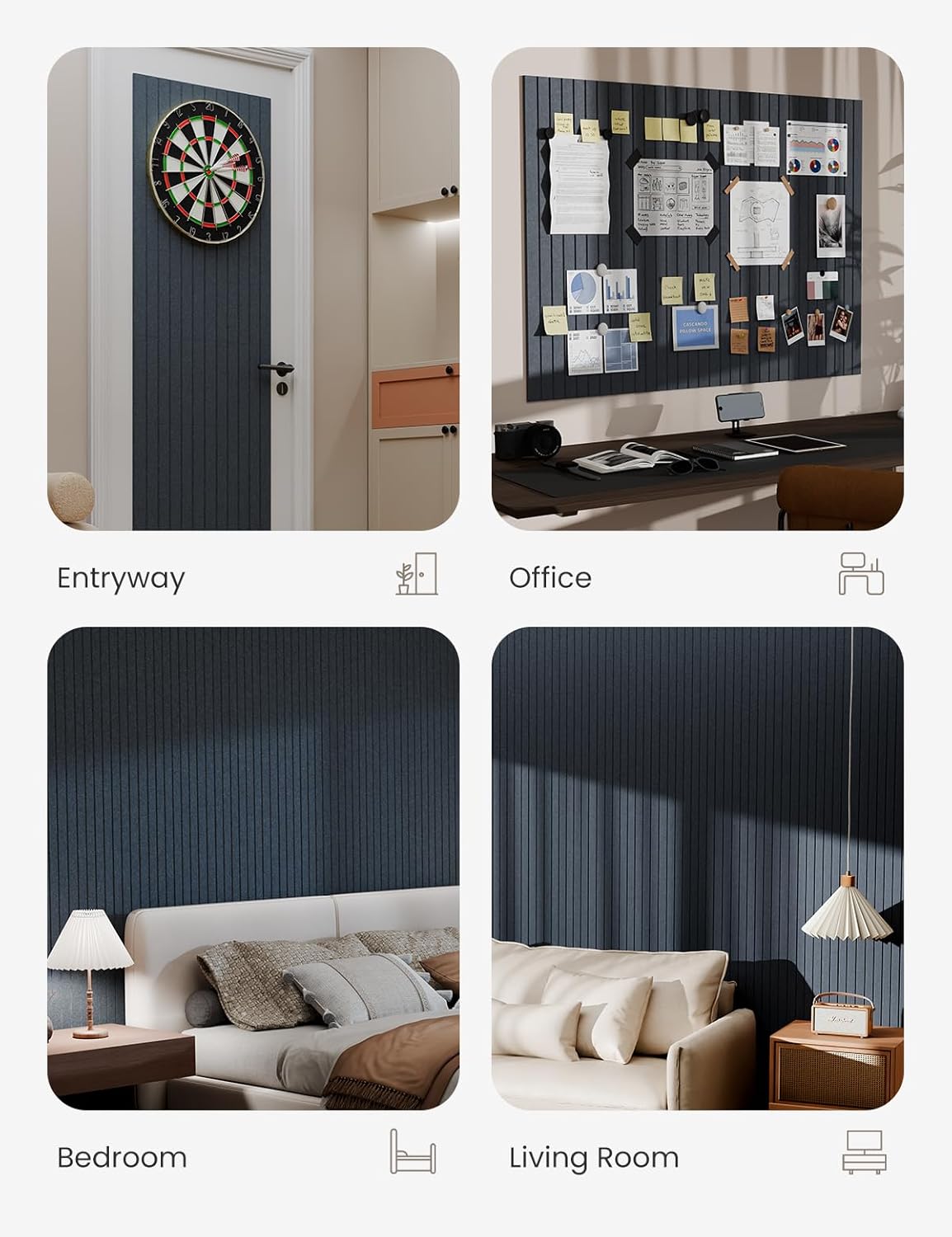 Bumusty Large Cork Board Alternative-47 x35 Felt Bulletin Board, with 30 Pushpins, 70 Adhesive Tabs, 12-Pack Slat Wall Paneling, Cork Boards for Office Push Pin Board Felt Board-Deep Charcoal Blue