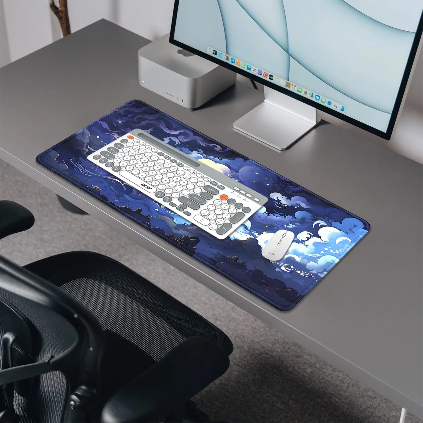 Blue Clouds Mouse Pad,Extended Stars Sky Dark Blue Clouds Mousepad Desk Pad with Stitched Edges,Non-Slip Waterproof Rubber Base Mouse Mat for Office Computer Keyboard Laptop Home(27.5x11.8 in)
