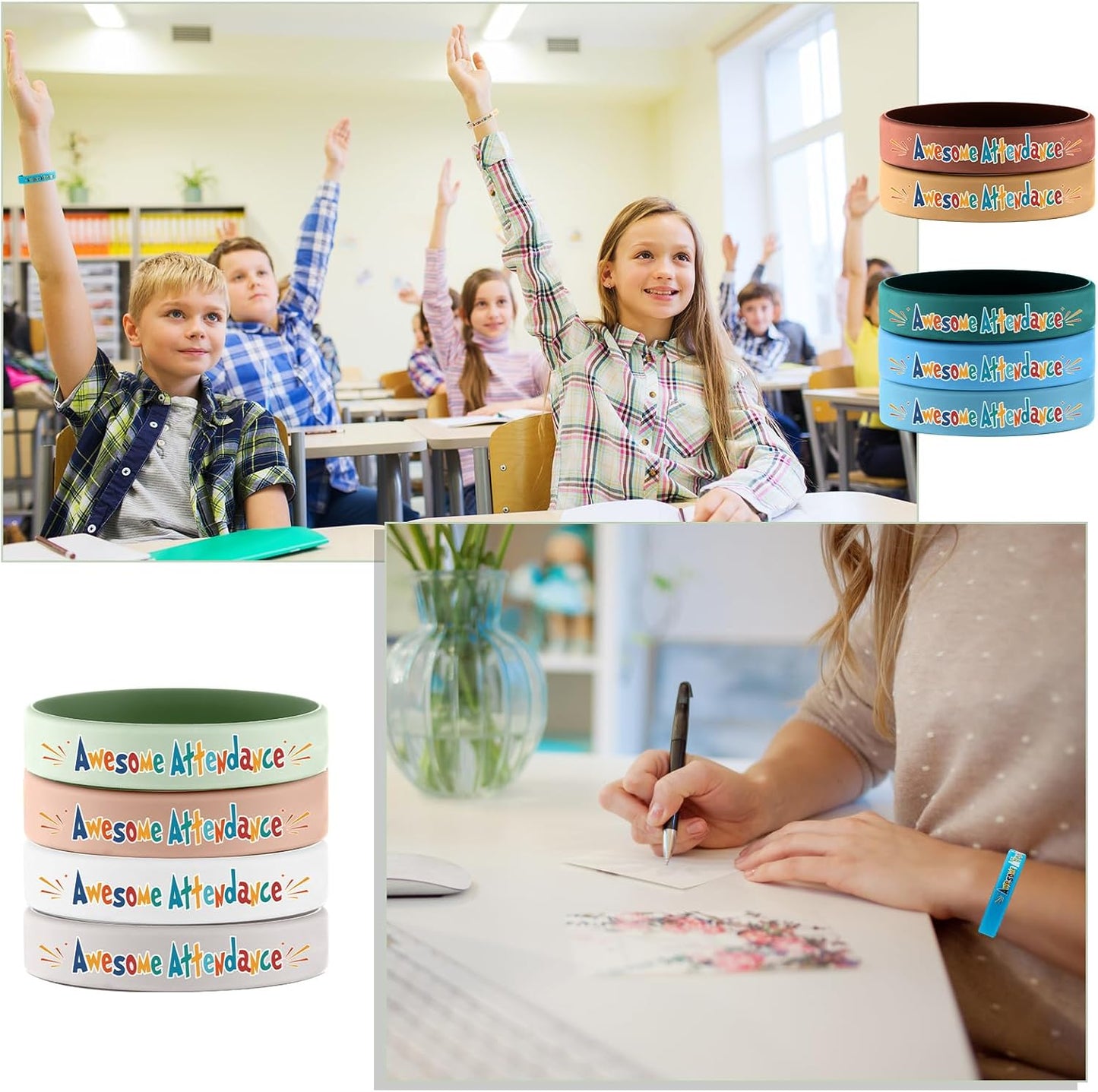 60 Pcs Awesome Attendance Wristbands for Students, Perfect Attendance Awards for Classroom Prizes, Unisex Stretch Silicone Motivational Wristbands for Student from Teacher Classroom Prizes