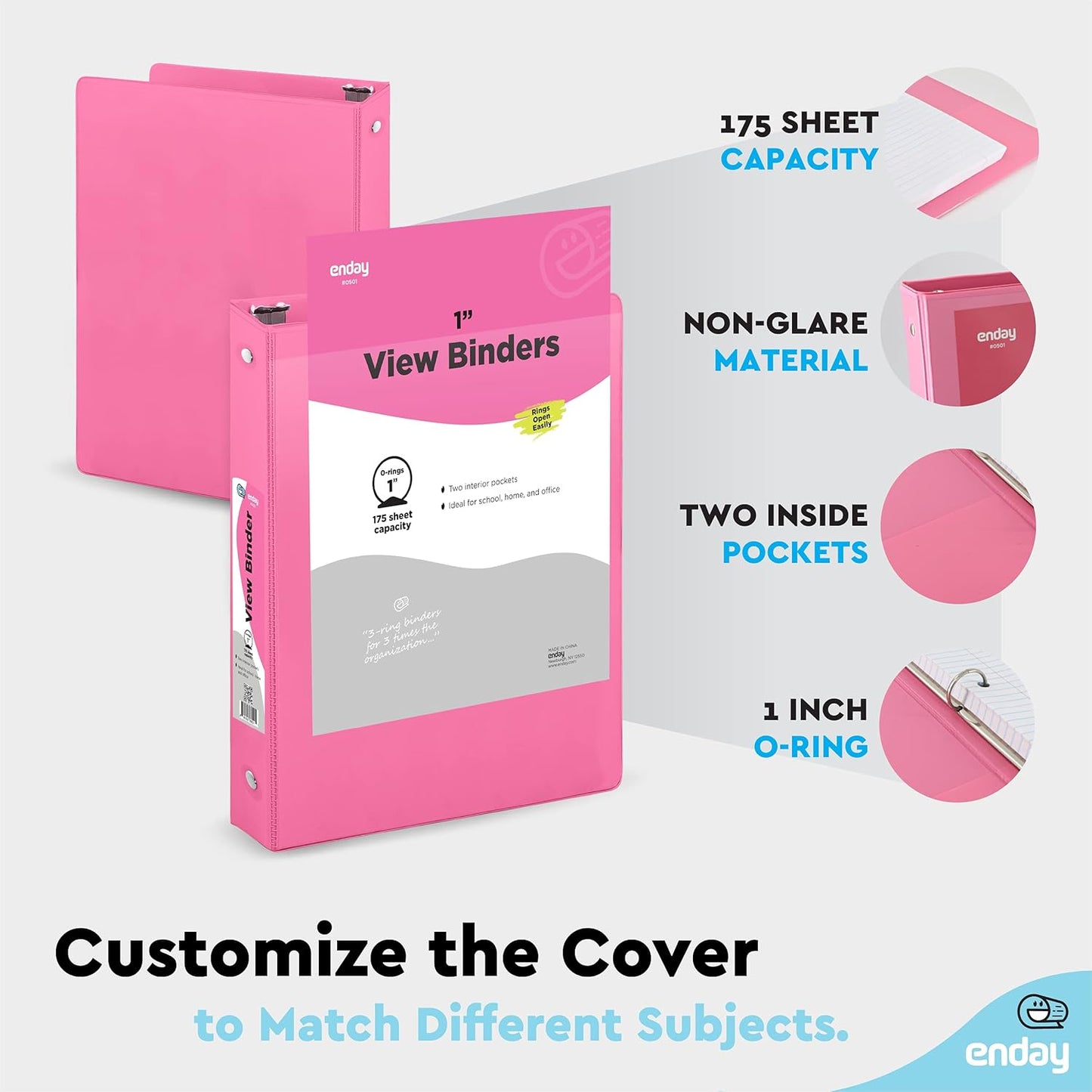 3 Ring Binder Pink, 1 Inch, 1” Clear View Cover with 2 Inside Pockets Round Ring Binder, Colored School Supplies Binders, Also Available in Grey, Blue, Purple, Green, and Red (6 PC) – by Enday