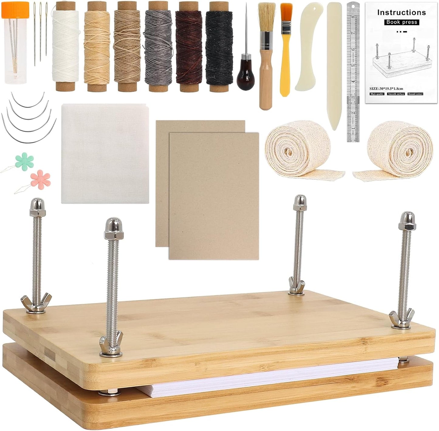 Book Binding Kits for Beginners, 7.9”x11.6” Inch Wooden Book Press, Bookbinding Kit Bookbinding Tools with Bone Folder, Awl, brush, Cloth, Needles for DIY Bookbinding, BookRepair, Handmade Crafts