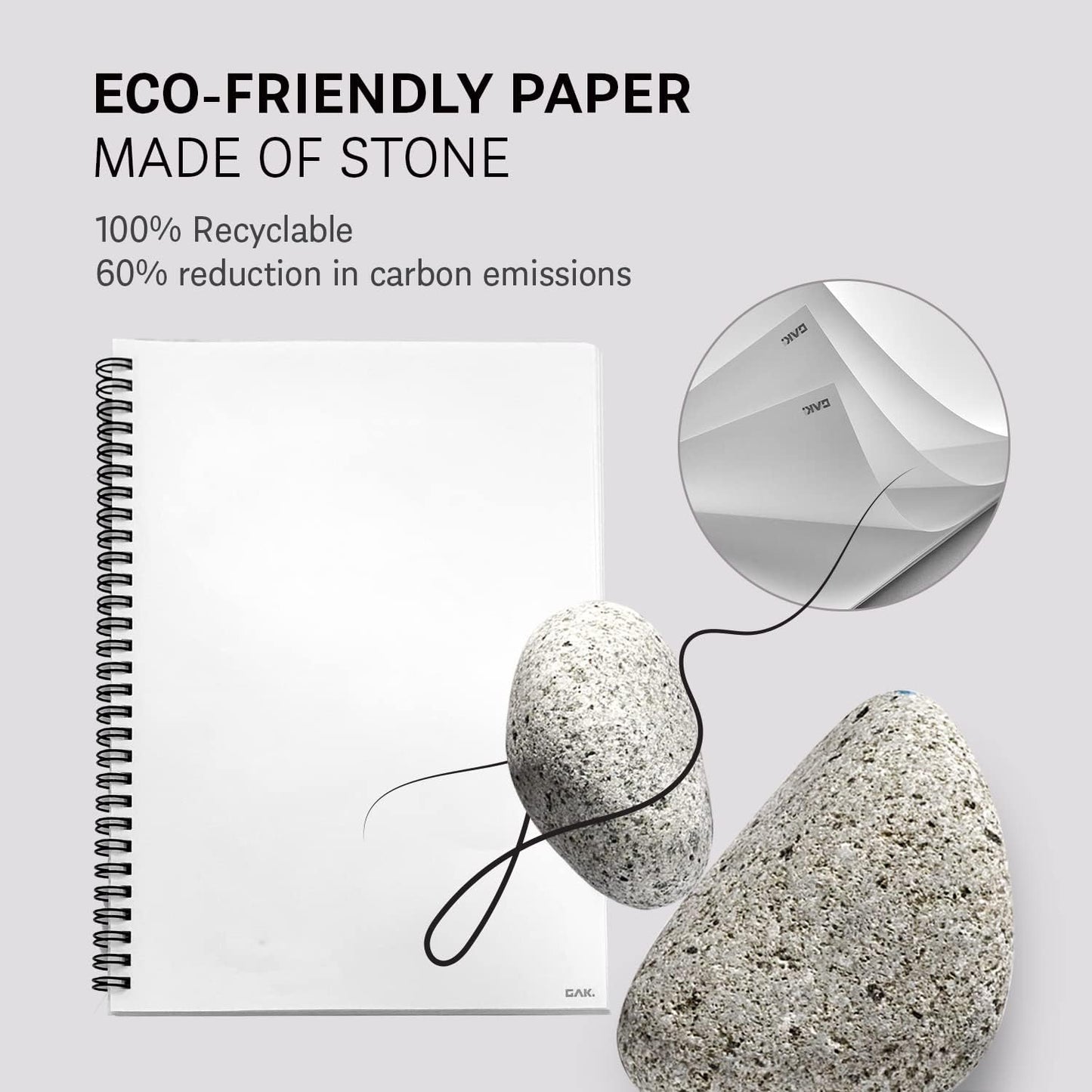 GAK. Stone Paper Notebook | No Lines Spiral Notebook Waterproof Sheet Aesthetic Journal for Note Taking | Notebooks for Work & Aesthetic School Supplies | Medium Size, White (5.8”x8.3”, 50 sheets)