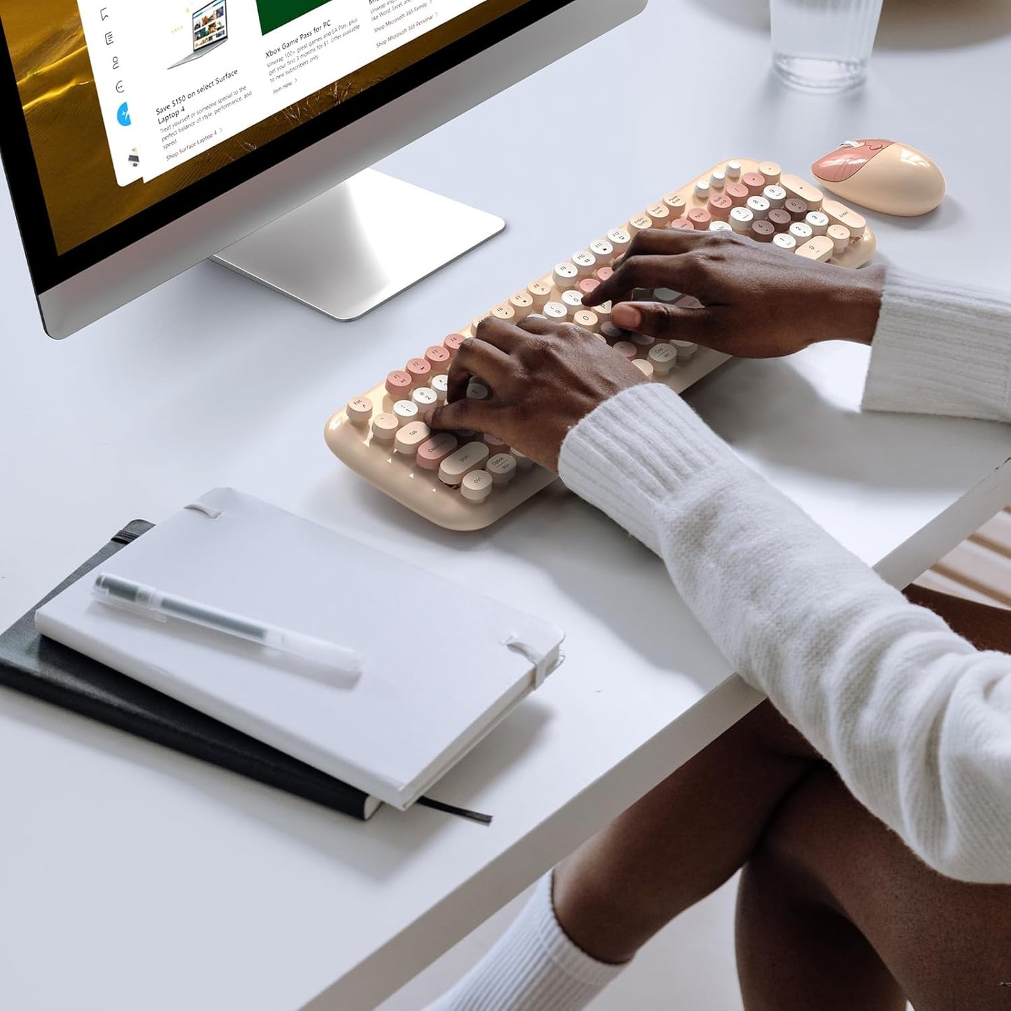 Wireless Keyboard and Mouse, Full Size Typewriter Keyboard and Cute Cat Shape Design Mouse Combo for Windows 7/8/10, Laptop, Desktop, PC, Computer (Milk Tea)