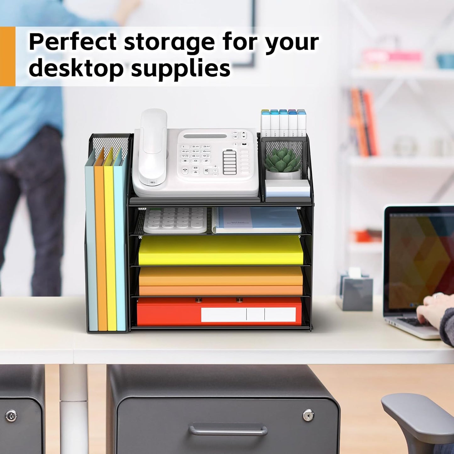 DocNest 5 Tier Paper Letter Tray File Organizer, Mesh Desk File with Handle, Workspace Desk Organizers with Pen Holder, Office Organization Storage Accessories - Black