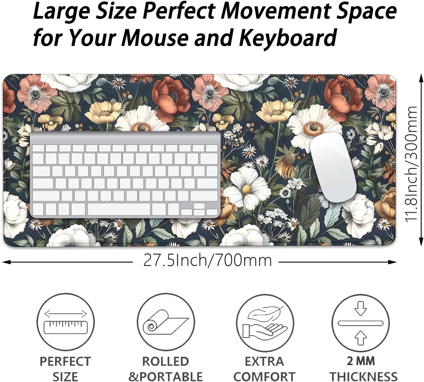 Colorful Flowers Desk Pad Mouse Pad,Daisy Floral Mouse Mat with Stitched Edges,Non-Slip Rubber Base Mousepad for Office PC Keyboard Laptop and Home Work Desk Mat(27.5X11.8 in)