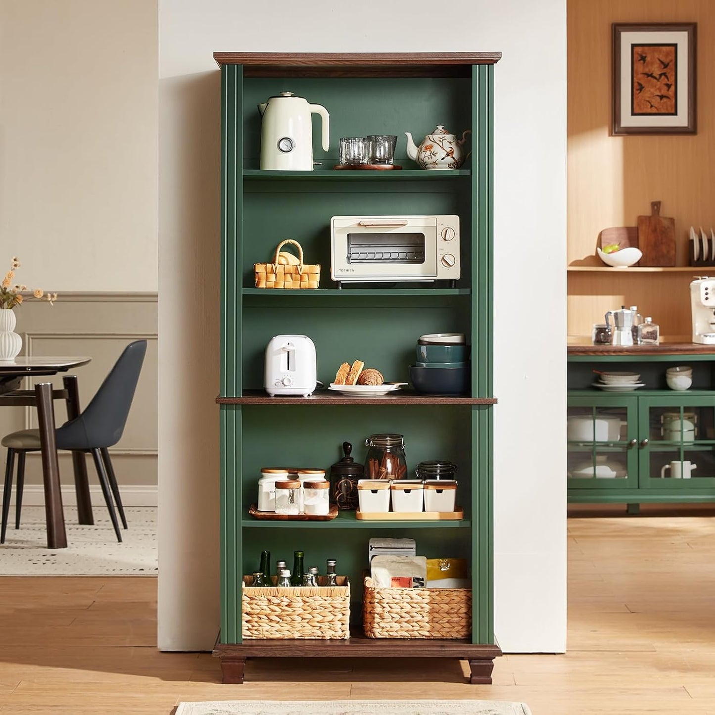 70" Tall Green Bookshelf,5 Tier Wooden Book Shelf with Adjustable Shelves & Wood Legs,Free Standing Farmhouse Bookcase with Open Display Storage,Vintage Bookshelves for Library,Classroom