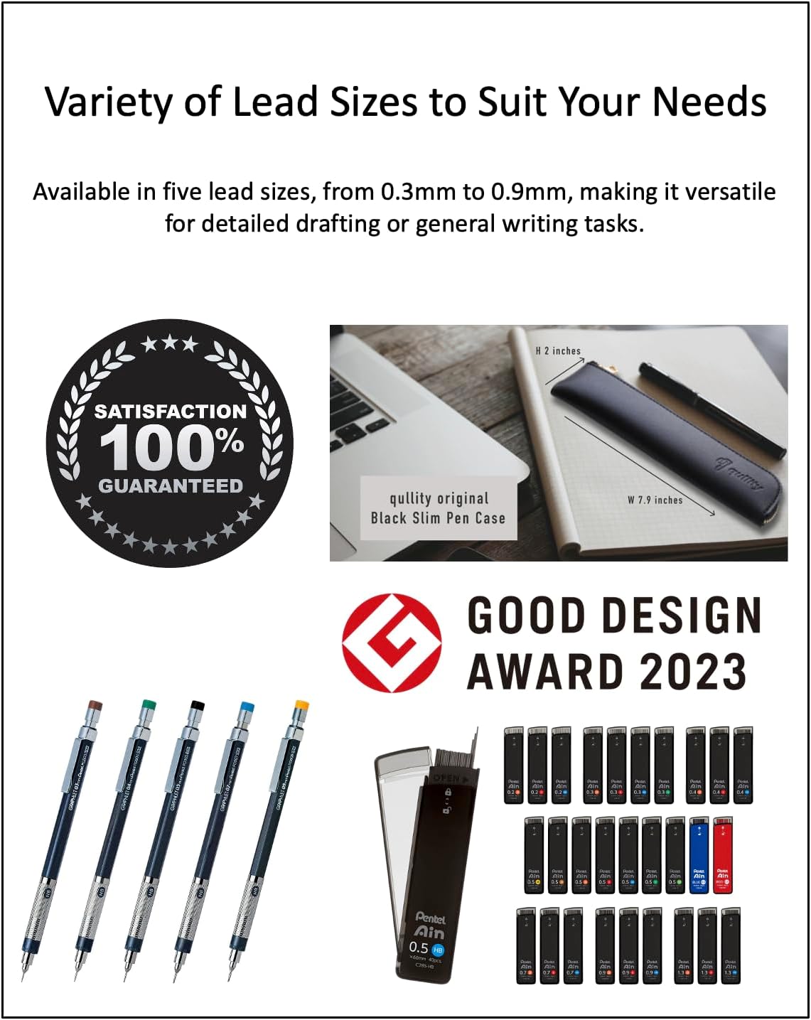 Graphlet Mechanical Drafting Pencil + Ain HB/B/2B leads, original Black slim pen case (0.7mm)