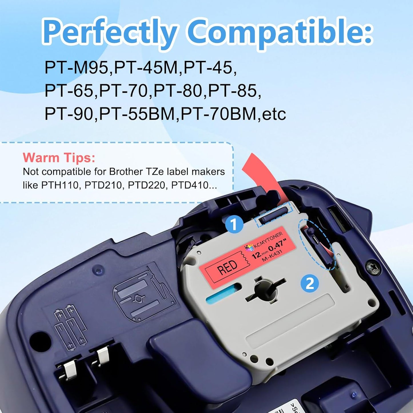 Compatible for Brother P-Touch M Tape M-K431 MK431 M431 MK-431 Black on Red Label Tape 0.47" (12mm) x 26.2ft 2 Pack