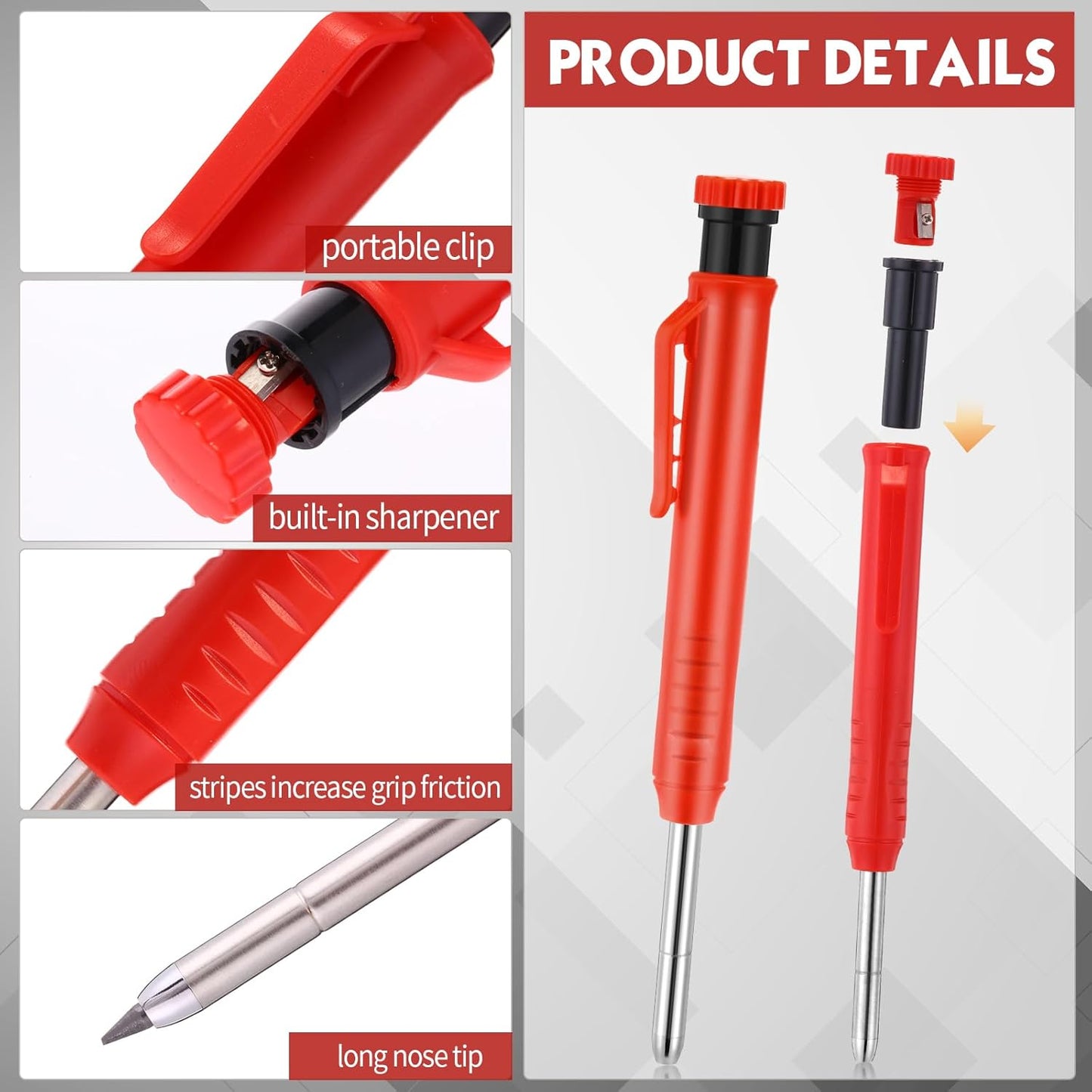 8 pack 2.8mm Mechanical Carpenter Pencils with 48 Refills, Construction Pencils with Built-in Sharpener, Long Nib Deep Hole Marker, Heavy Duty Woodworking Tools (Black+red)