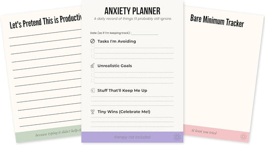 Funny Notepad Gift Set – 3 Pack of Anxiety Planner, Productivity Pad & Bare Minimum Tracker – Sarcastic Gag Gift for Coworkers, Office Supplies, Burnout Humor, 50 Sheets Each