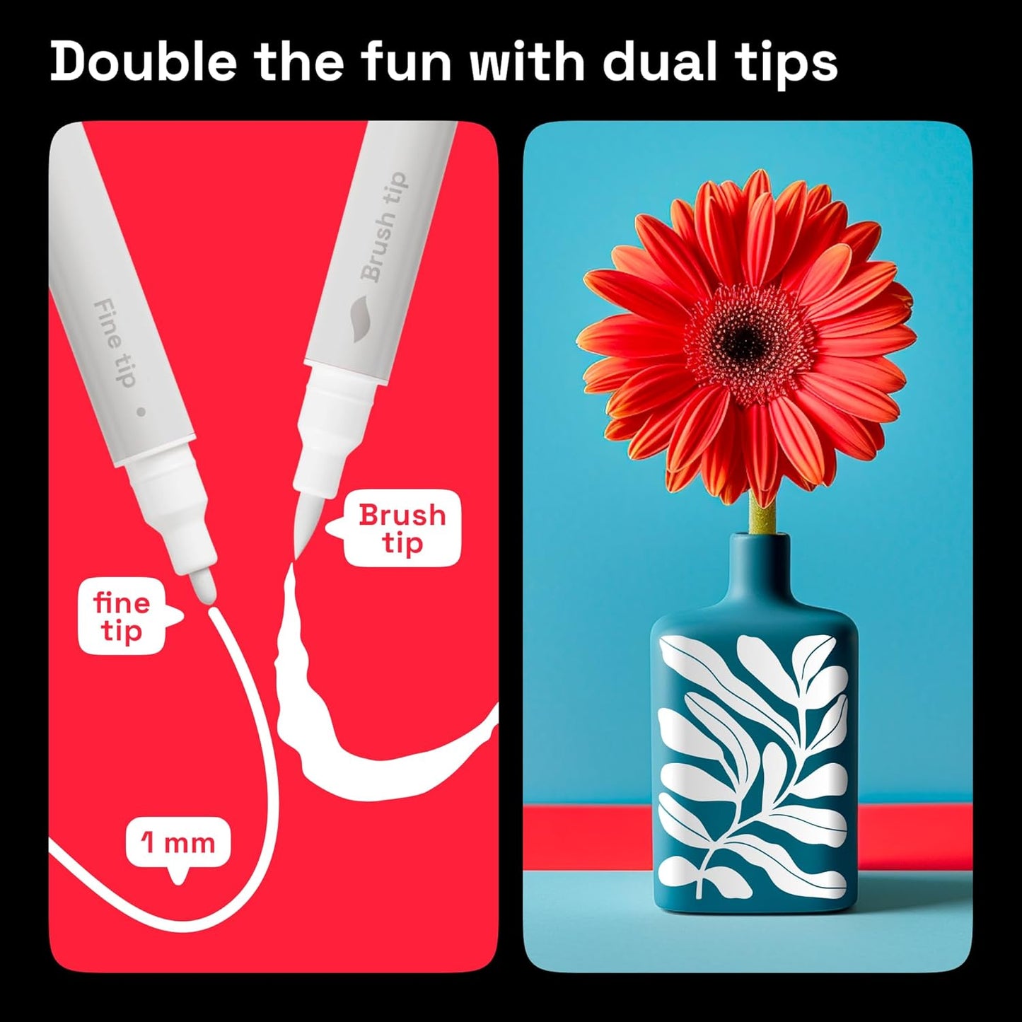 ARTISTRO 5 White Dual-Tip Acrylic Paint Pens - 1-5 mm Brush + 1mm Fine Tips - Multisurface Markers for Fabric, Glass, & More