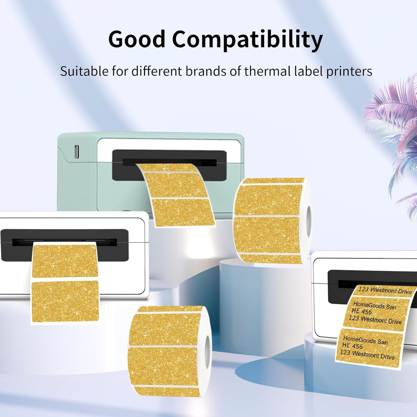 Direct Thermal Label 2x1 Inch- Barcode Labels- Holographic Thermal Sticker Labels for Address, Shipping, Compatible with Rollo Label Printer & MUNBYN& Zebra (300 Labels/Gold)