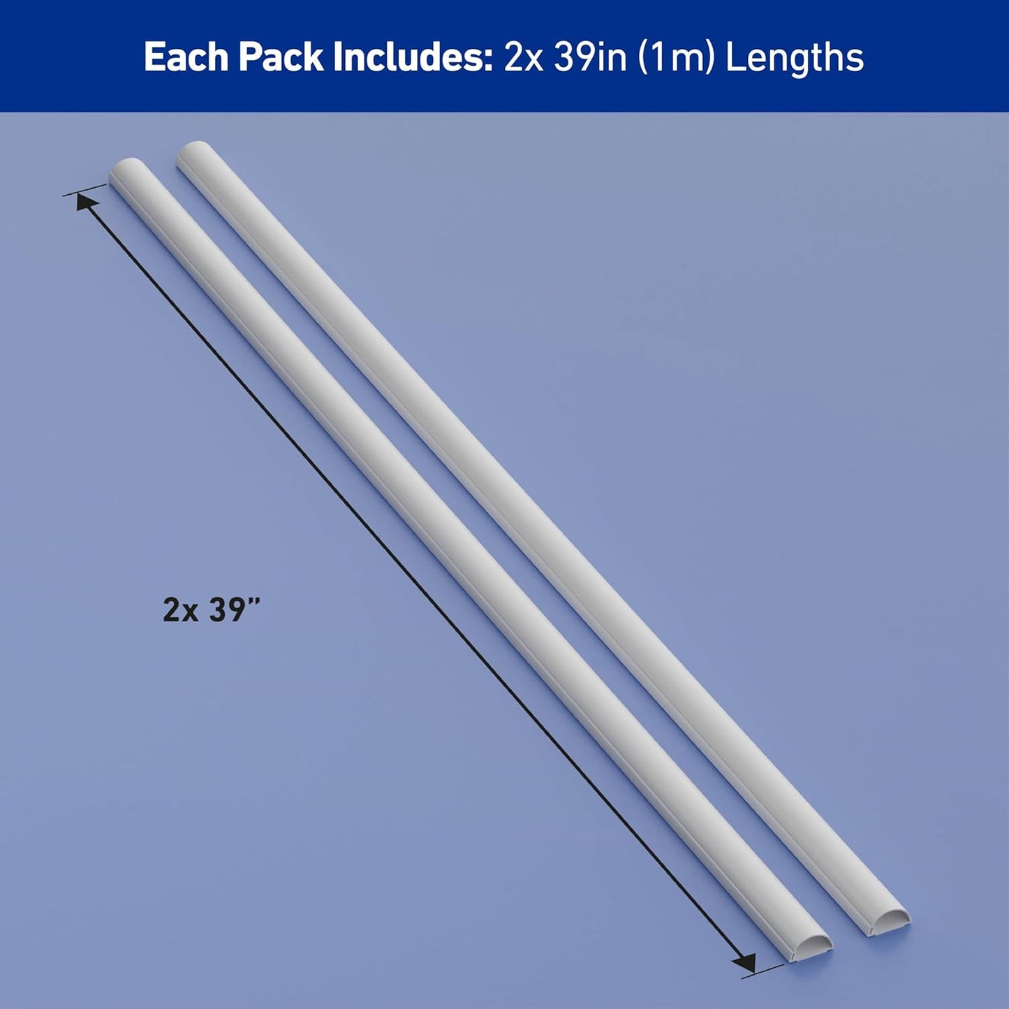 D-Line Half Round Cord Hider, Patented Cable Cover, Hide TV Wall Mount Wires, Raceway for Cords, Decorative Wire Covers, Paintable, Adhesive Cable Concealer - 2X 1.18in W x 0.59in H x 39in L - White