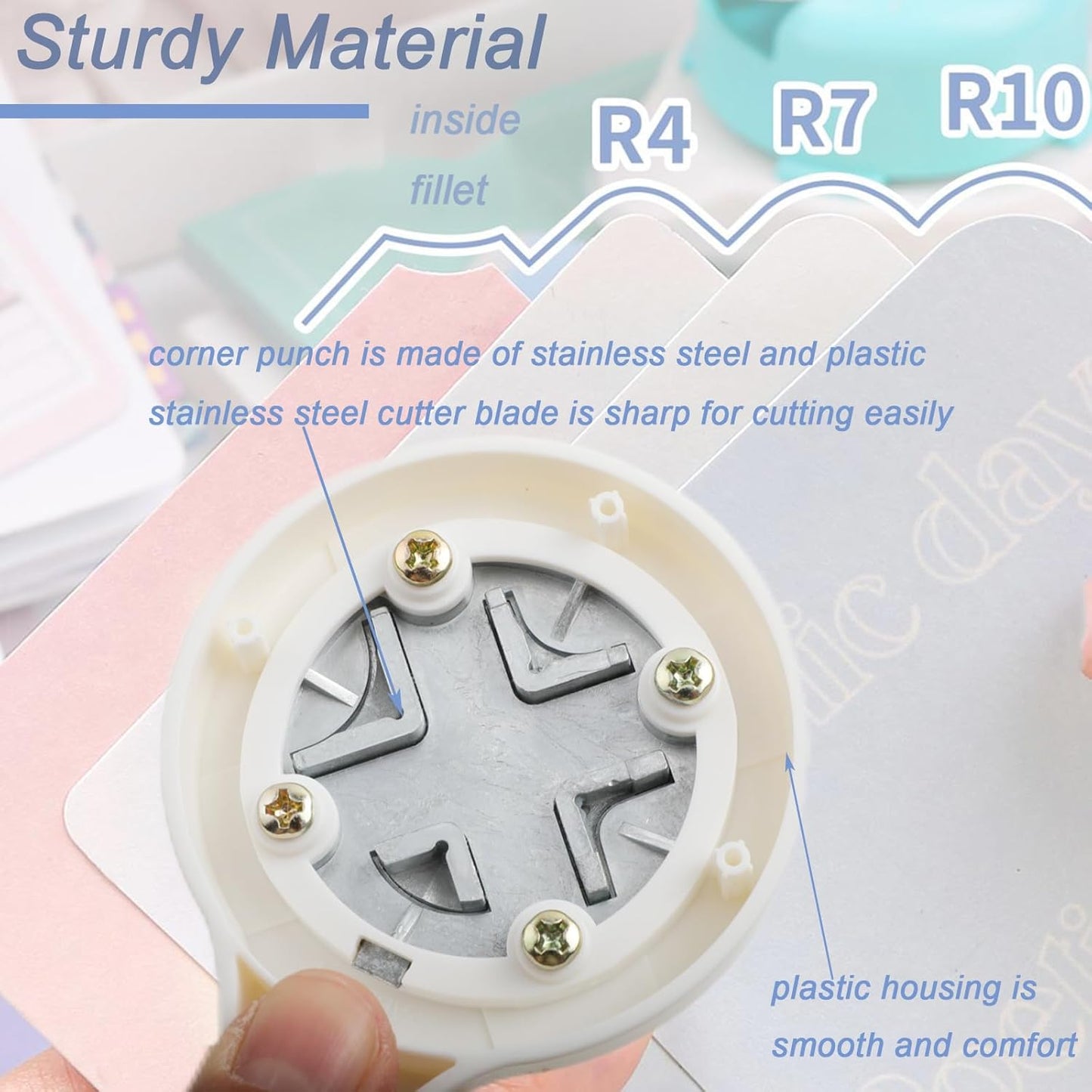 Corner Punch 4 in 1 Corner Rounder Punch (R4+R7+R10+Inside Corner) Corner Cutter for DIY Scrapbooking Photo Tags (Pink)