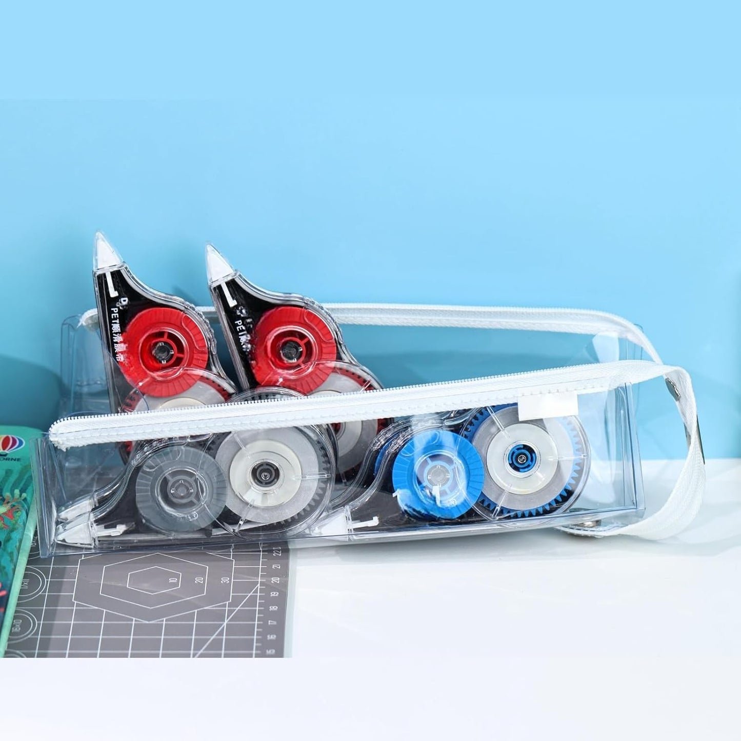 39.37ft Correction Tape with Dispenser, 6-Count Pack, Fast Clean and Easy-to-Use Tear-Resistant Correction Tape Office School Supplies, Blue/Red/Gray