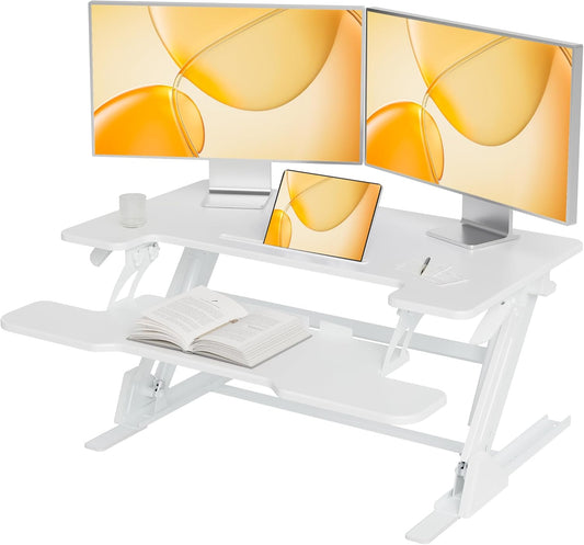 Claiks Standing Desk Converter 36 inch, Height Adjustable Sit Stand Up Desk Riser, Quick Sit to Stand Tabletop Dual Monitor Riser Workstation for Home Office with Keyboard Tray, White