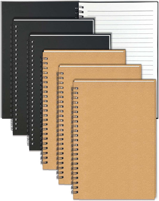 GINMLYDA 6Pack Small Spiral Notebook A5, 8.25x5.5” 120 Lined Pages Wide Ruled Spiral Journal Bulk Blank Kraft Cover Spiral Bound Notebook & Writing Pads for Home Office Meeting Work Note Taking