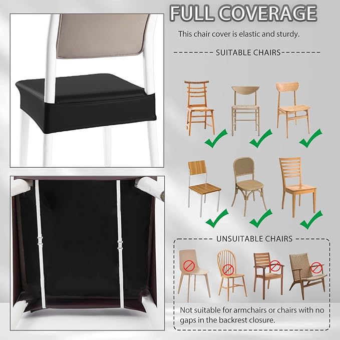 CWK Waterproof PU Leather Dining Chair Covers Set of 1-Stretchable Chair Seat Slipcovers, Removable & Washable Protector for Dining Room,Home,Office,Wedding,Rear Covers (PU-Black)