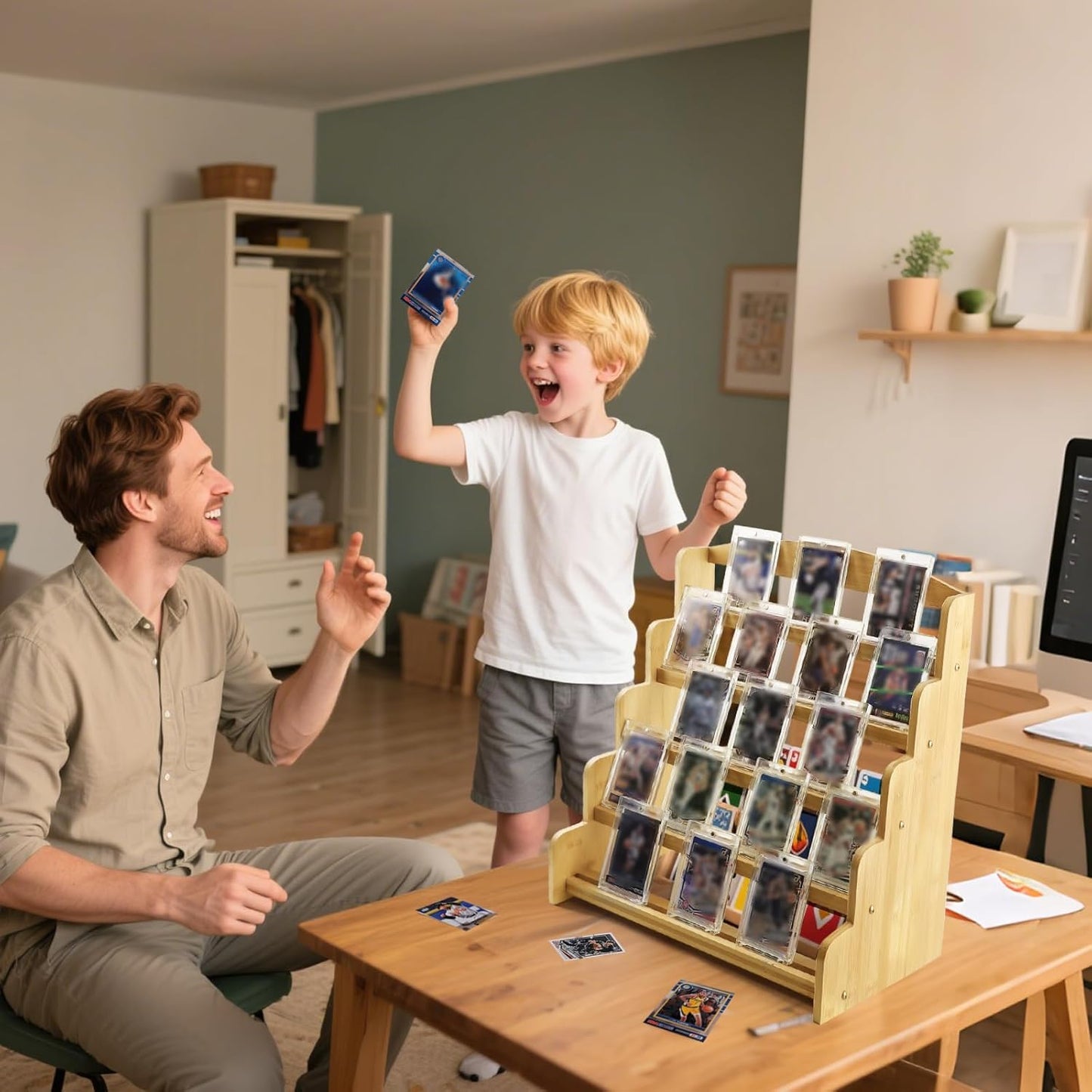 5-Tier Bamboo Trading Card Display Case,35 pt Baseball Card Collection Stand, Sports Card Storage Holder,Card Game Collection (Burlywood)