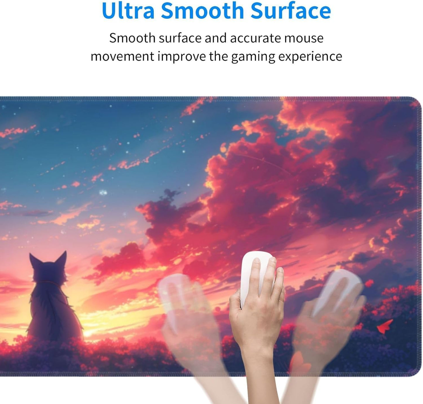 Gaming Mouse Pad Desk Pad,Extended Big Mouse Pad,31.5x11.8 Inch Long Computer Keyboard Mouse Mat Mousepad with 3mm Non-Slip Base and Stitched Edge for Gaming and Office… (Sunset Cat)