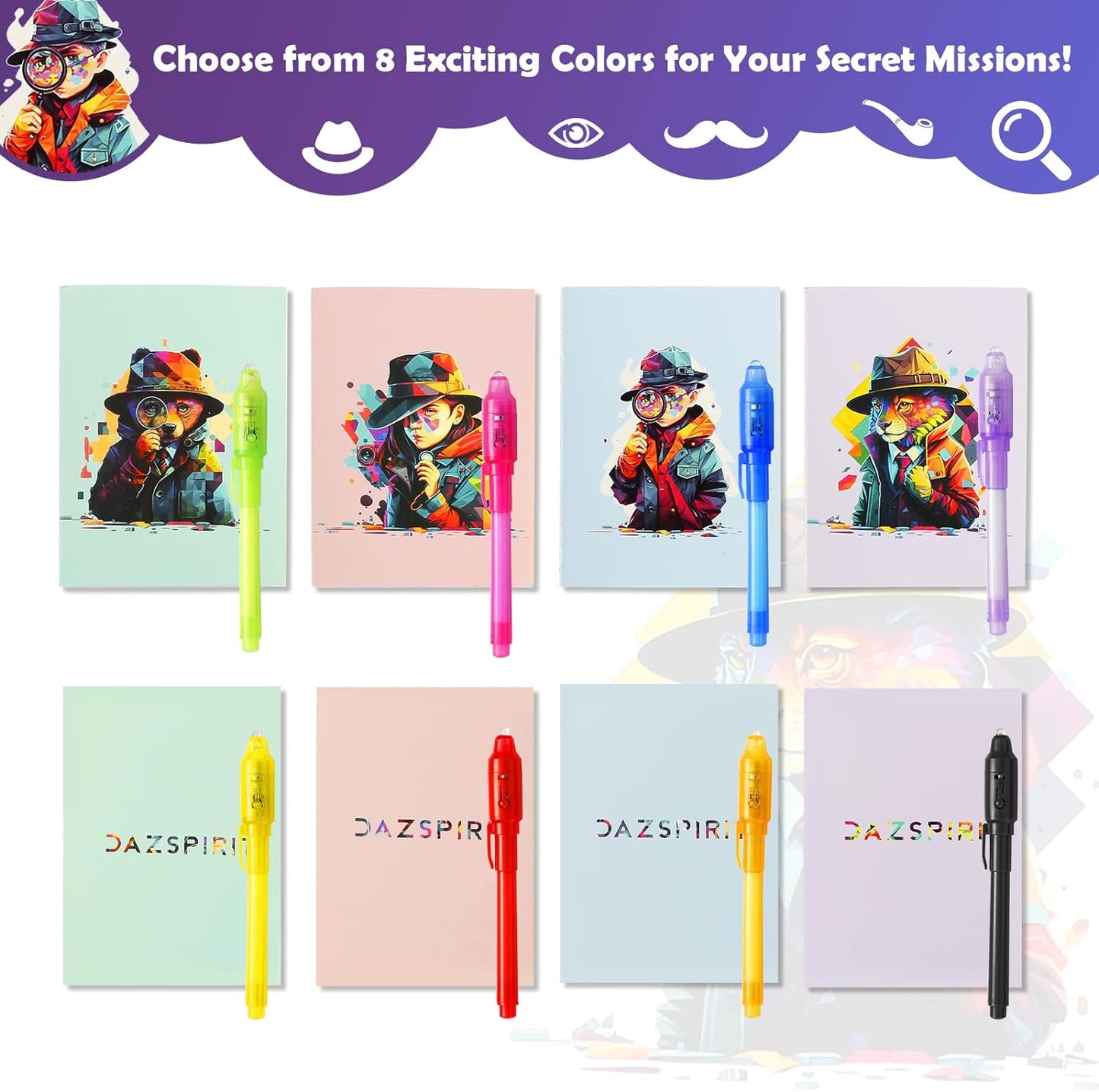 8Pcs Invisible Ink Pen Set with UV Light, Mini Notepads & Favor Bags, Magic Pen Disappearing Ink, Spy Pens for Kids, Fun Party Favors for Kids 8-12, Detective & Escape Room Themes