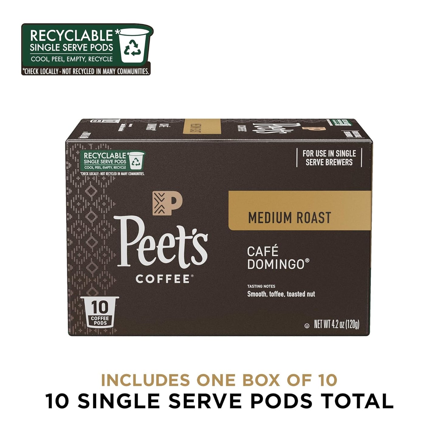 Peet's Coffee, Medium Roast Single Serve Coffee Pods - Cafe Domingo 10 Count (1 Box of 10 Pods)