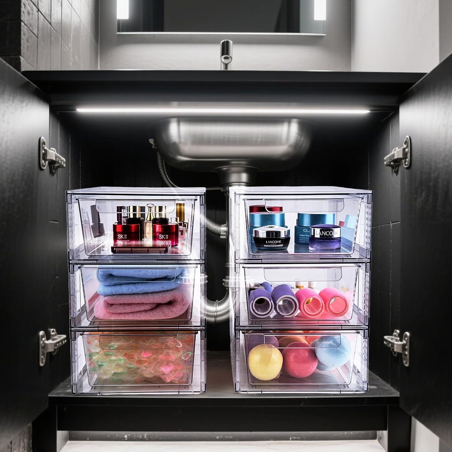 2 Pack Clear Stackable Storage Drawers, 3.95" H Easily Assemble Acrylic Organizer Bins - Multi-Use for Make up, Closet, Pantry, Bathroom, Medicine, Kitchen Cabinet & Undersink Organization