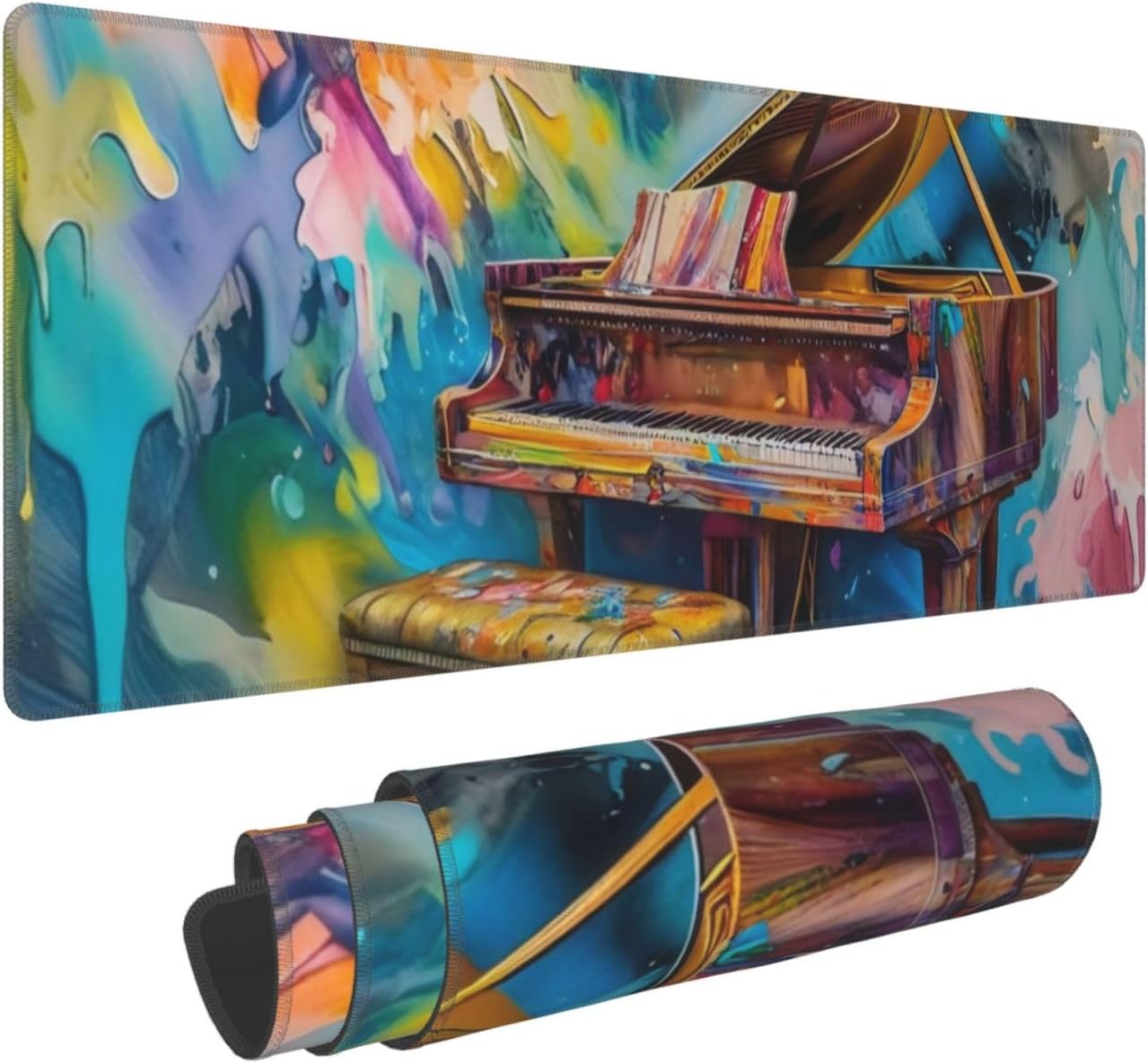 Gaming Mouse Pad, Large Non-Slip Rubber Base Mousepad, Keyboard Mouse Mat, Desk Pad with Stitched Edges, 31.5x11.8inch, Oil Painting of Piano