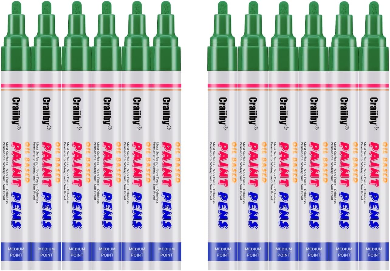 Green Paint Markers, 12 Pack Oil-Based Waterproof Quick Dry Permanent Paint Pen Set for Rocks Painting, Wood, Fabric, Plastic, Canvas, Glass, Mugs, Metal, Tire, Stone, DIY Craft