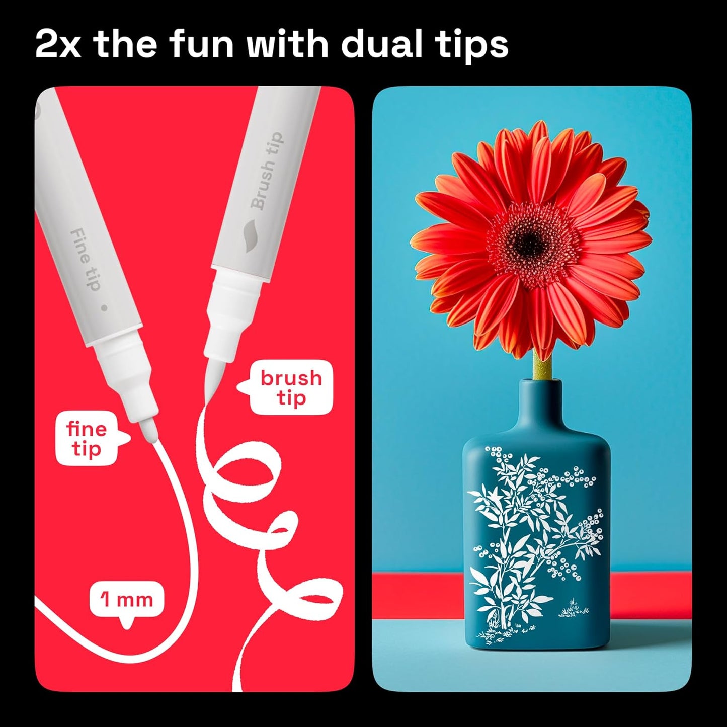 ARTISTRO 2 White Dual-Tip Acrylic Paint Pens - Multisurface Markers for Fabric, Plastic, & More, 1 mm Fine & Brush Tips