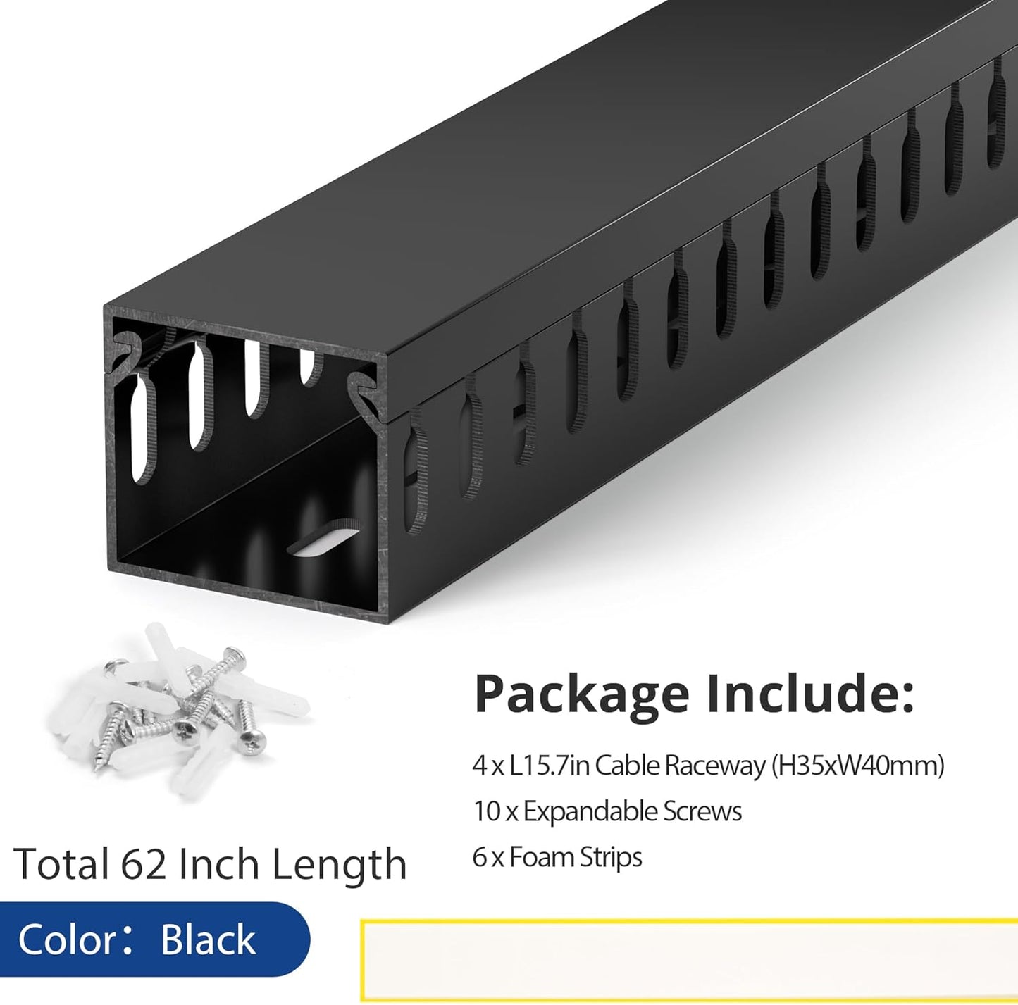 63in(4X L15.7in) Professional Server Rack Cable Management Raceway, H1.4 x W1.6in Cable Raceway Kit, Electrically Safe PVC Open Slot Wire Raceway for Under Desk/Computer/Network Cords, Black