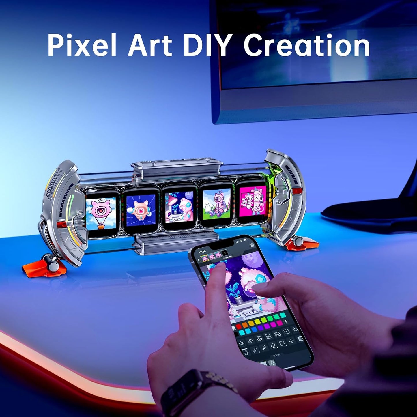 Divoom Times Gate - Cyberpunk Gaming Setup Digital Alarm Clock, Smart APP, WiFi Connect, RGB LED Display, Personalized Financial & Bitcoin Dashboard, Pixel Art for Gaming Room & Office Decor, Silver