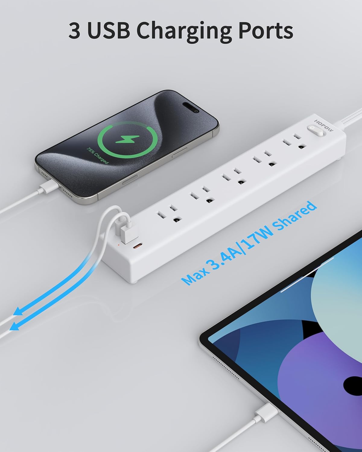 Flat Plug Power Strip, 10 Ft Ultra Thin Flat Extension Cord, Surge Protector with 5 Outlets & 3 USB Ports (2 USB C), 1700 Joules, Wall Mount, Desktop Charging Station for Home Office Dorm, White