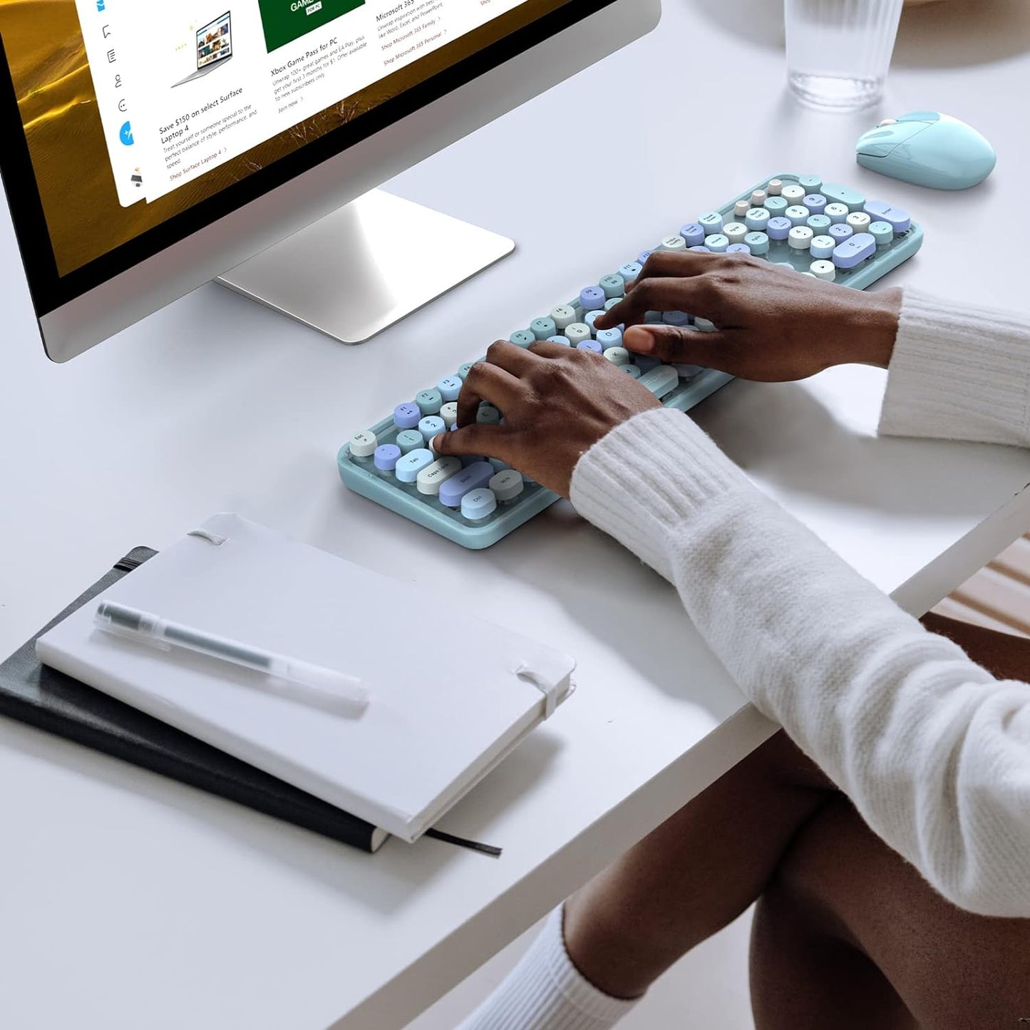 MOFII Wireless Keyboard and Mouse Set, Retro Full Size Typewriter Keyboard with Number Pad and Sport Car Mouse for PC Computer Desktop Laptop Windows (Blue Colorful)