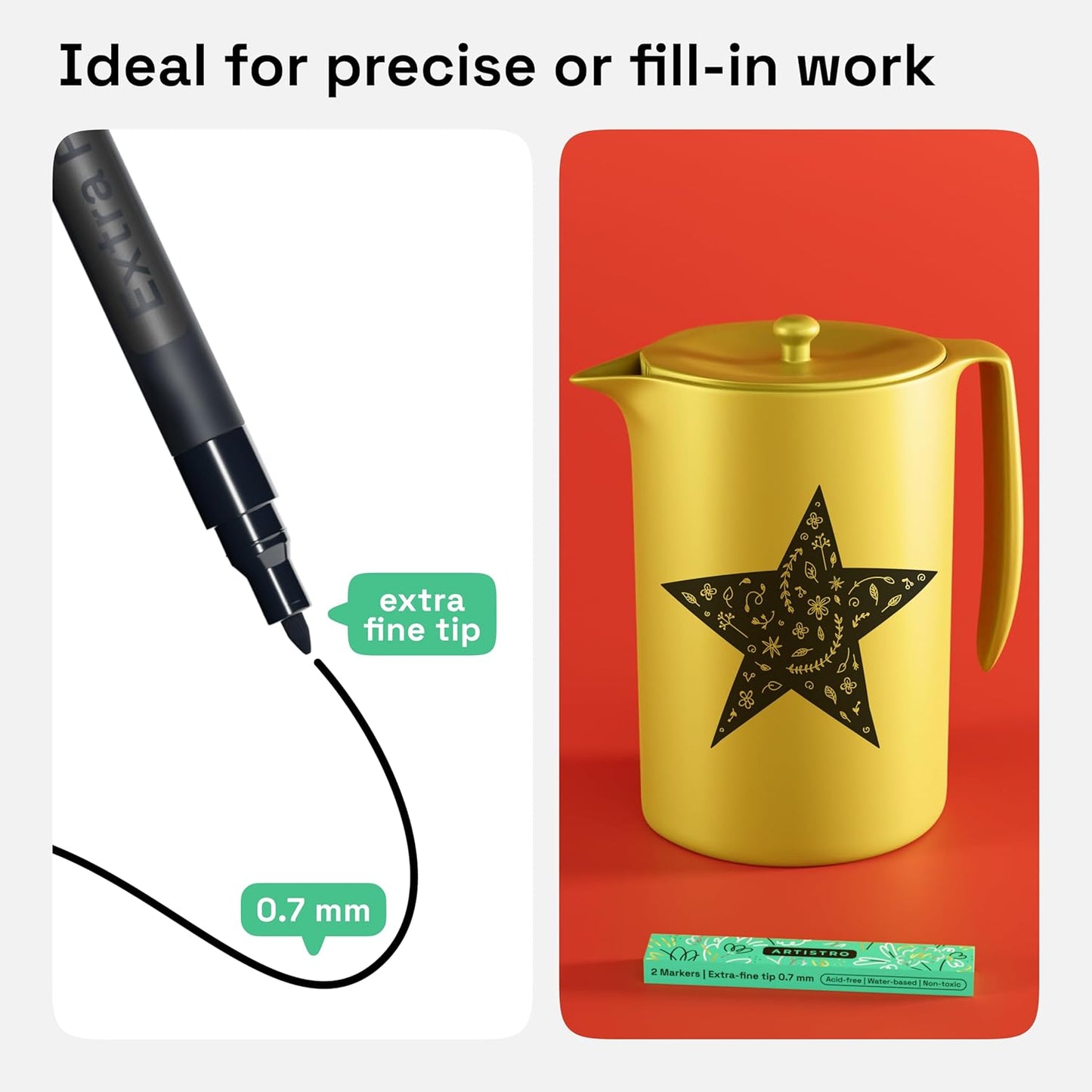 ARTISTRO 2 Black Acrylic Paint Markers - 0.7mm Extra Fine-Tip Paint Pens - Perfect for Crafting, Art Projects, & More