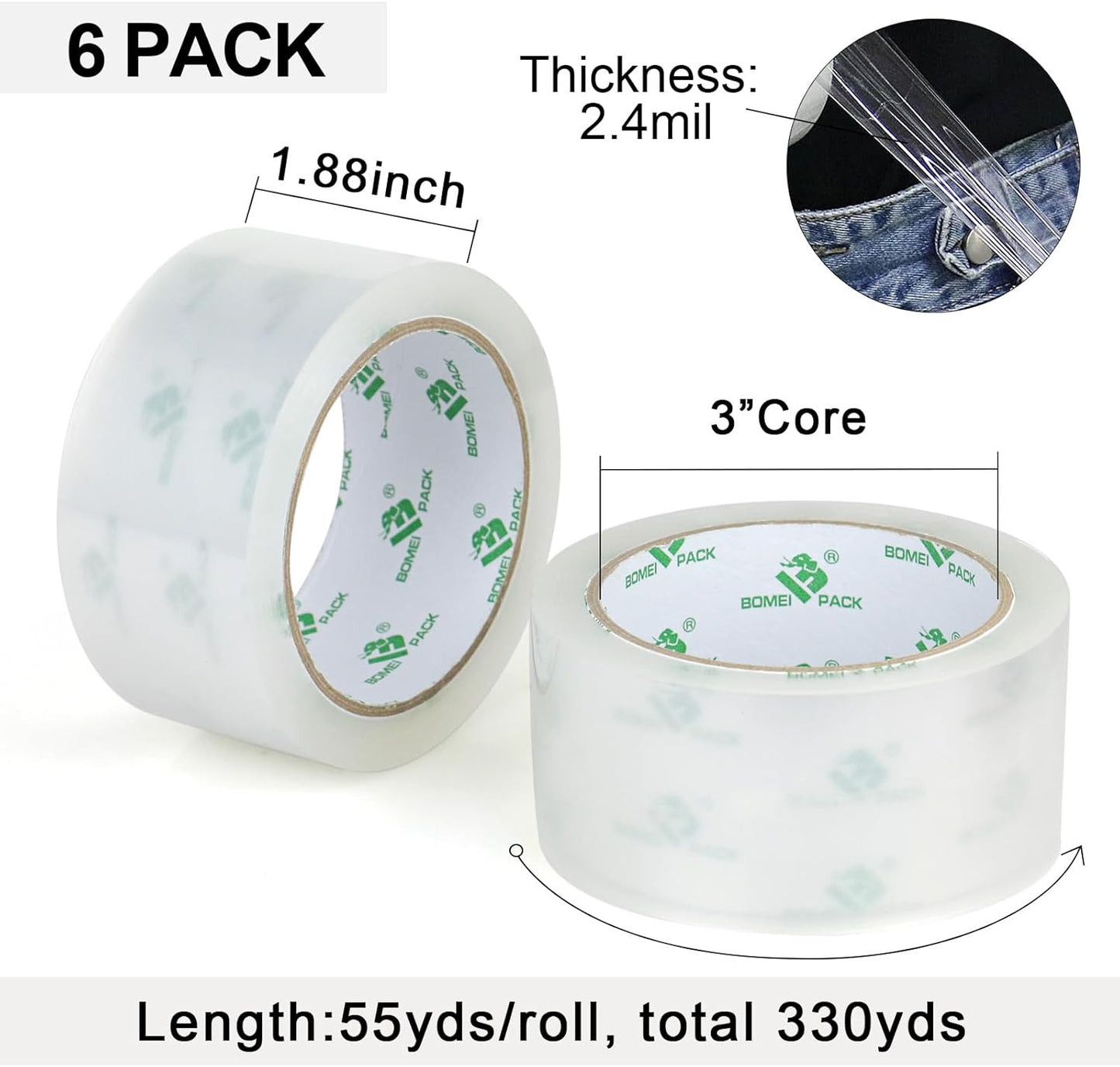BOMEI PACK No Noise Quiet Clear Packing Tape, Heavy Duty Packaging Tape, Refill Rolls for Sealing Packing and Shipping, 2.4Mil 1.88Inch 55Yards 6rolls, with Free Dispenser