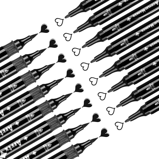 Arrtx Black Acrylic Paint Pens - 8 Pack Brush Tip and Fine Tip (Dual Tip) Black Paint Markers for Rock Painting, Water Based Acrylic Painting Supplies for Drawing, Wood, Canvas, Easter Egg