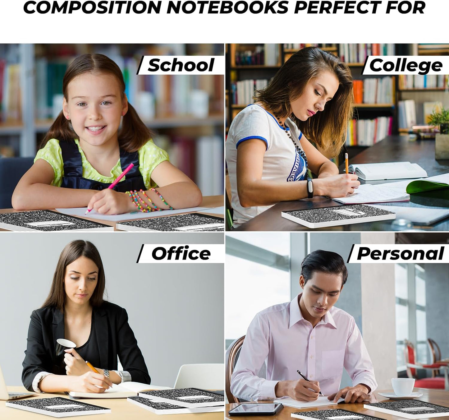 50 Pack Composition Notebooks Bulk Wide Ruled, 200 Pages (100 Sheets), 9-3/4 x 7-1/2, Hard Cover, Bulk Black Marble Composition Notebook, Bulk Office Notebooks, Bulk Notebooks School Supplies