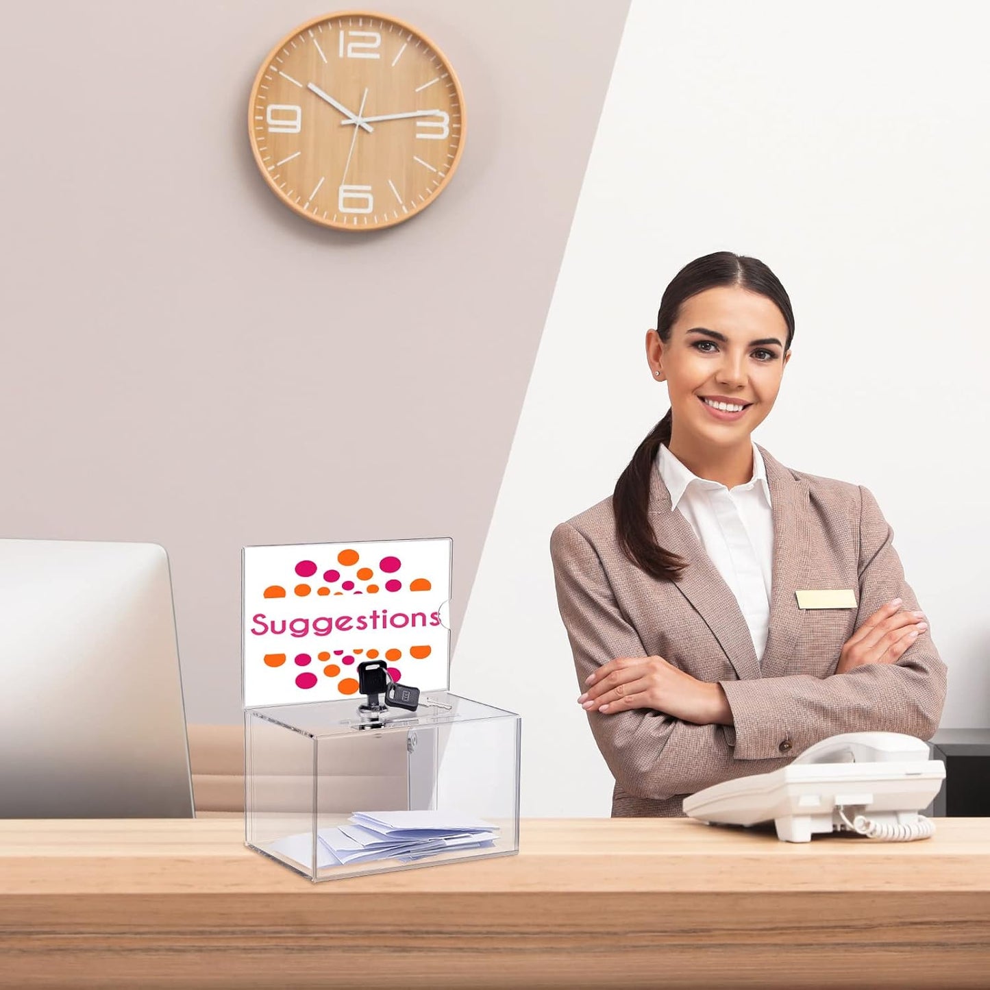 4 Pcs Acrylic Donation Box Suggestion Ballot Box for Fundraising with Lock and Sign Holder Raffle Donation Jar Tip Ticket Storage for Business Cards Voting Charity, 6.1 x 4.3 x 3.8 Inch(Clear)