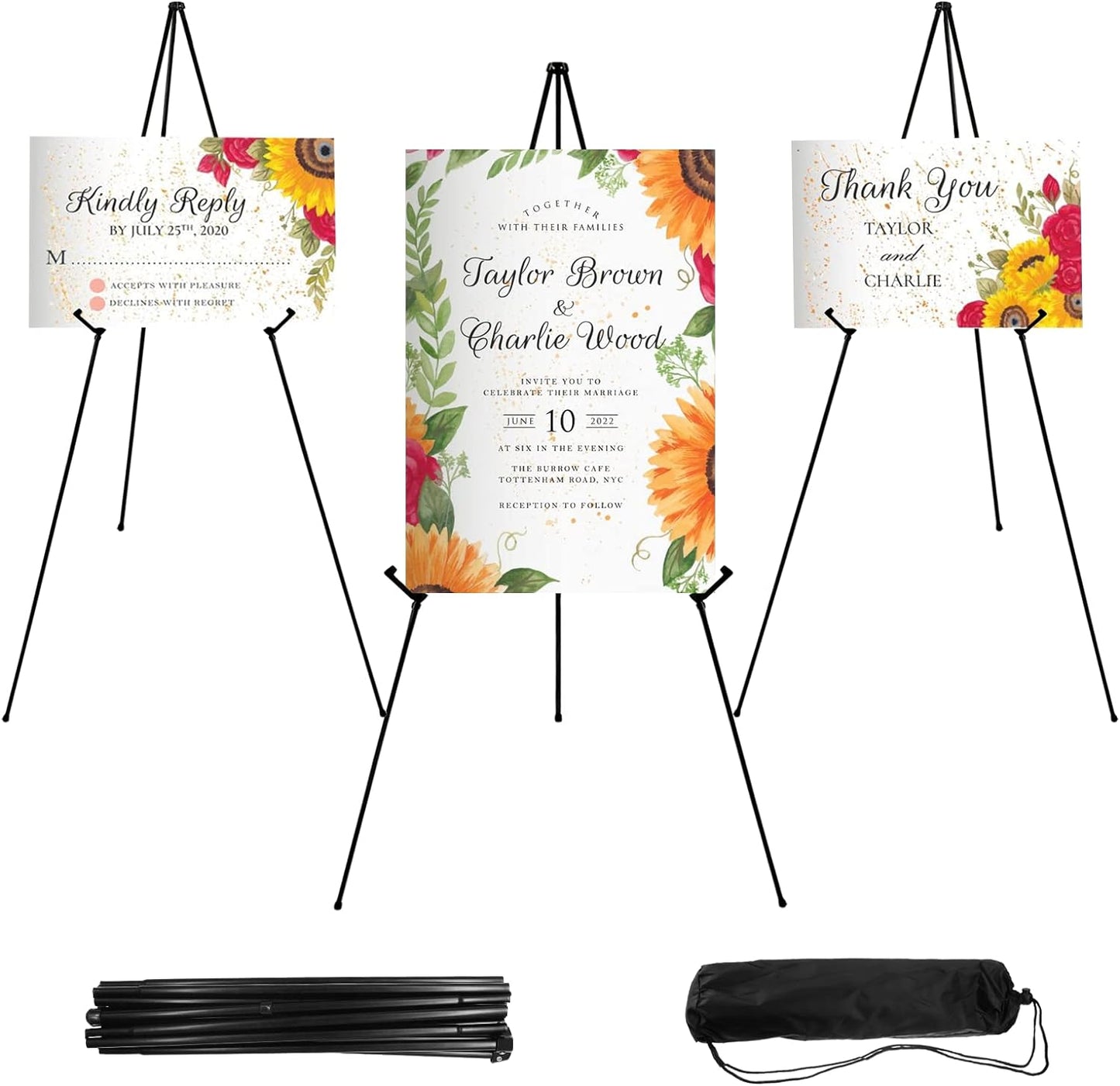 3PCS Black Easel Stand for Wedding Sign Stand, 66 Inch Lightweight Adjustable Art Easel for Display, Wedding Sign, Poster, Black Metal Easel with Portable Bags