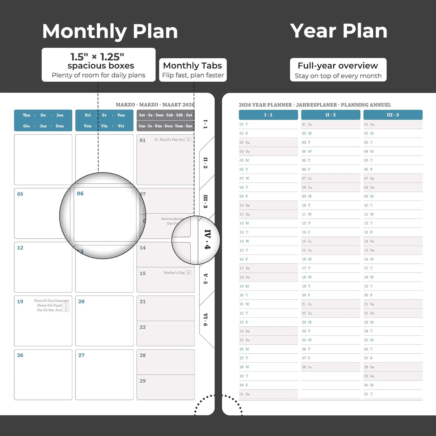 Daily Planner 2026 with One Page Per Day,(A5-8.5" x 5.9"),12 Months Calendar Hourly Appointment Book Monthly Tabs & Self-adhesive Pen Holder,Inner Pocket, Vegan Leather Hardback,Black