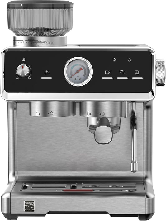 Kenmore Elite Espresso Machine – Semi Automatic Coffee Maker with Auto Tamper, Auto Cleaning, Milk Steamer & Frother, Bean Grinder, Make Professional Barista Style Cappuccino, Café Latte