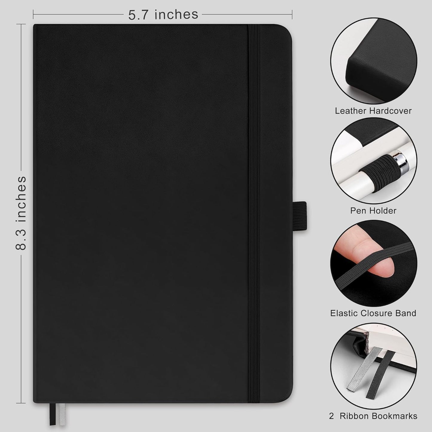 RETTACY Lined Journal Notebook, 192 Numbered Pages, A5 Medium Size (5.7'' x 8.3''), for Men & Women, Journaling, Writing, Work & Office, Leather Hardcover, 100 GSM Thick Paper (Black)