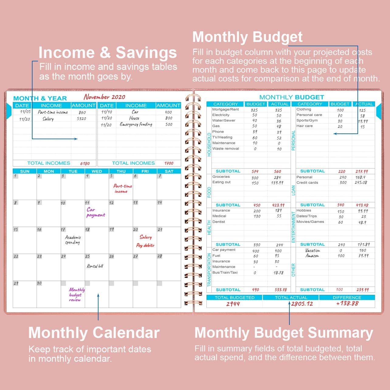 Budget Planner & Monthly Bill Organizer With Pockets. Expense Tracker Notebook, Budgeting Journal and Financial Planner Budget Book to Control Your Money. Large Size (8" x 9.5"), PU Leather, Rose