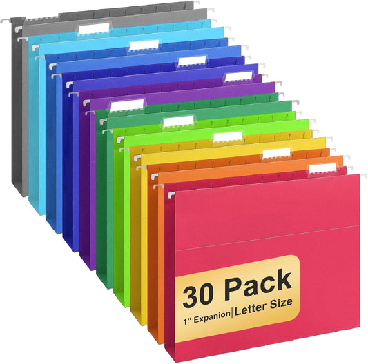 Hanging File Folders, 30 Pack Letter Size Hanging File folders with Tabs, Stay Organized for Your Home and Office Bulk File, Documents and Paper, 10 Colors