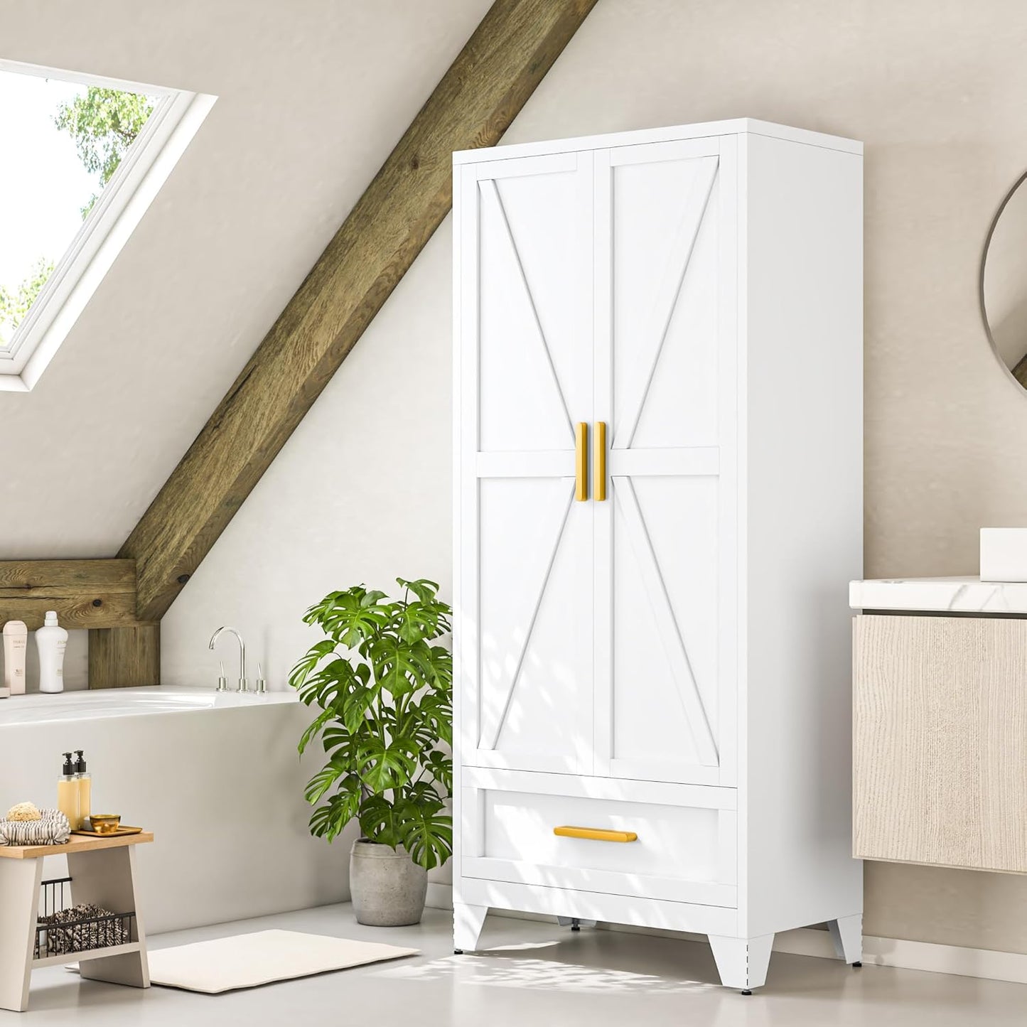 Metal Wardrobe Cabinet,71 Armoire Wardrobe Closet with Drawers and Hanging Rod,Metal Armoire with Adjustable Shelves for Closet,Bedroom,Farmhouse Storage Cabinet with Drawer(White)