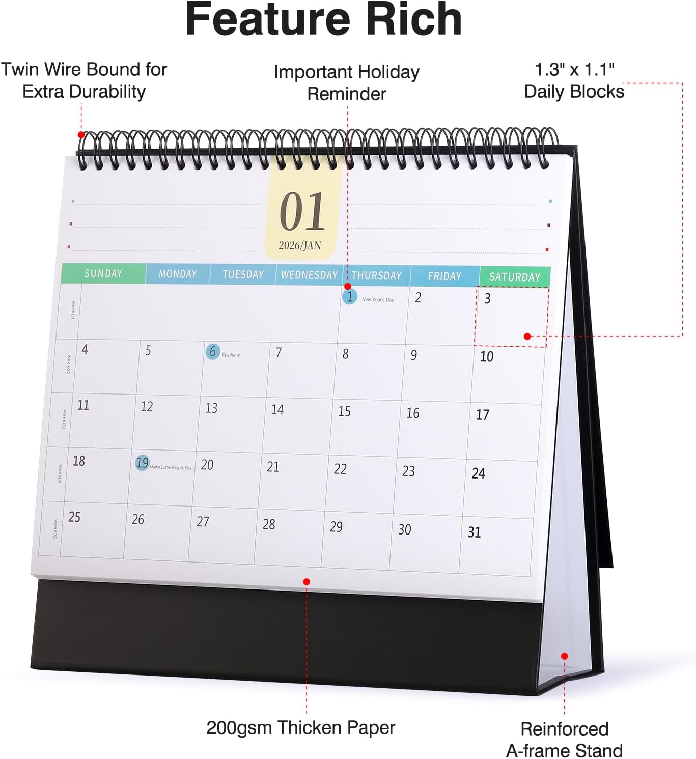 Desk Calendar 2026-2027, 2 Years Calendar Runs from Jan. 2026 until Dec 2027, Table Monthly Planner with Stickers for Home,Office,School Organization(L-Black,9.8" x 9.6")
