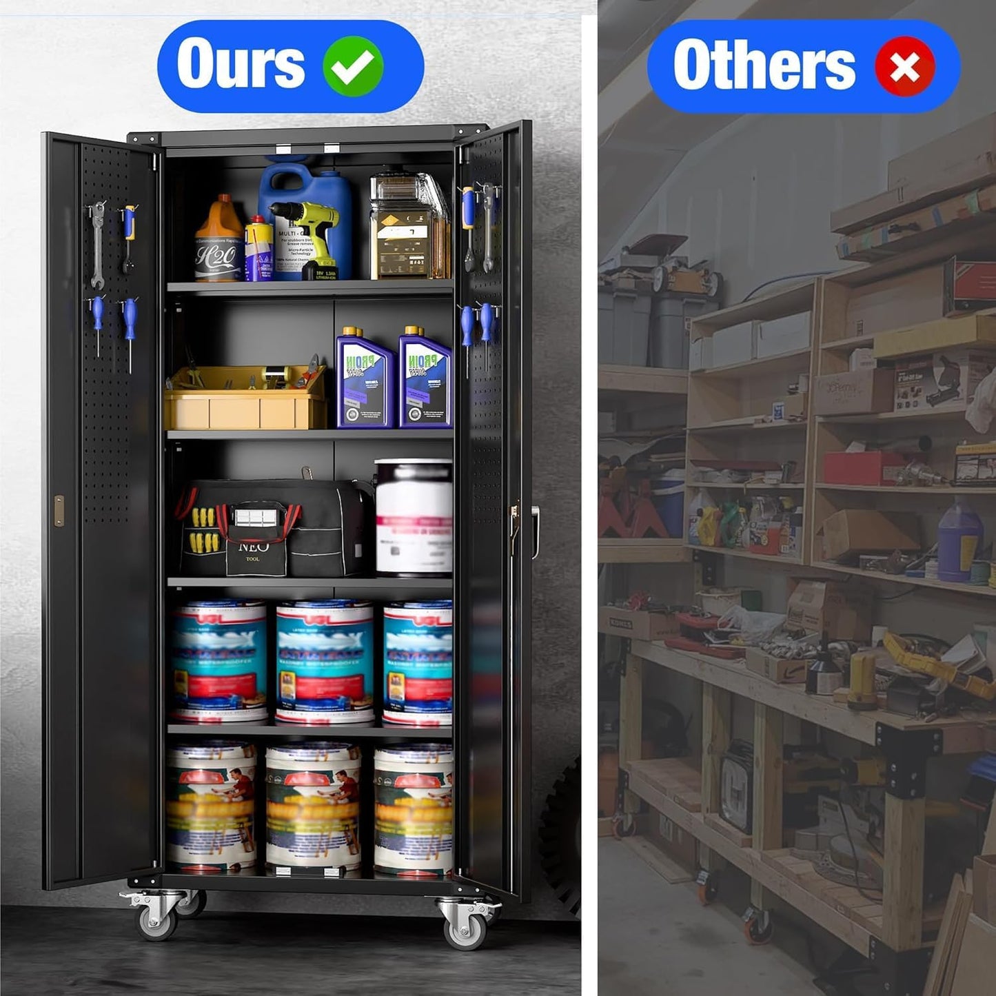 Aobabo Black Metal Garage Cabinet with Pegboard,72In Lockable Storage Cabinets with 2 Doors&4 Adjustable Shelves, Steel Cabinets for Garage&Home Storage,Easy-Assembly