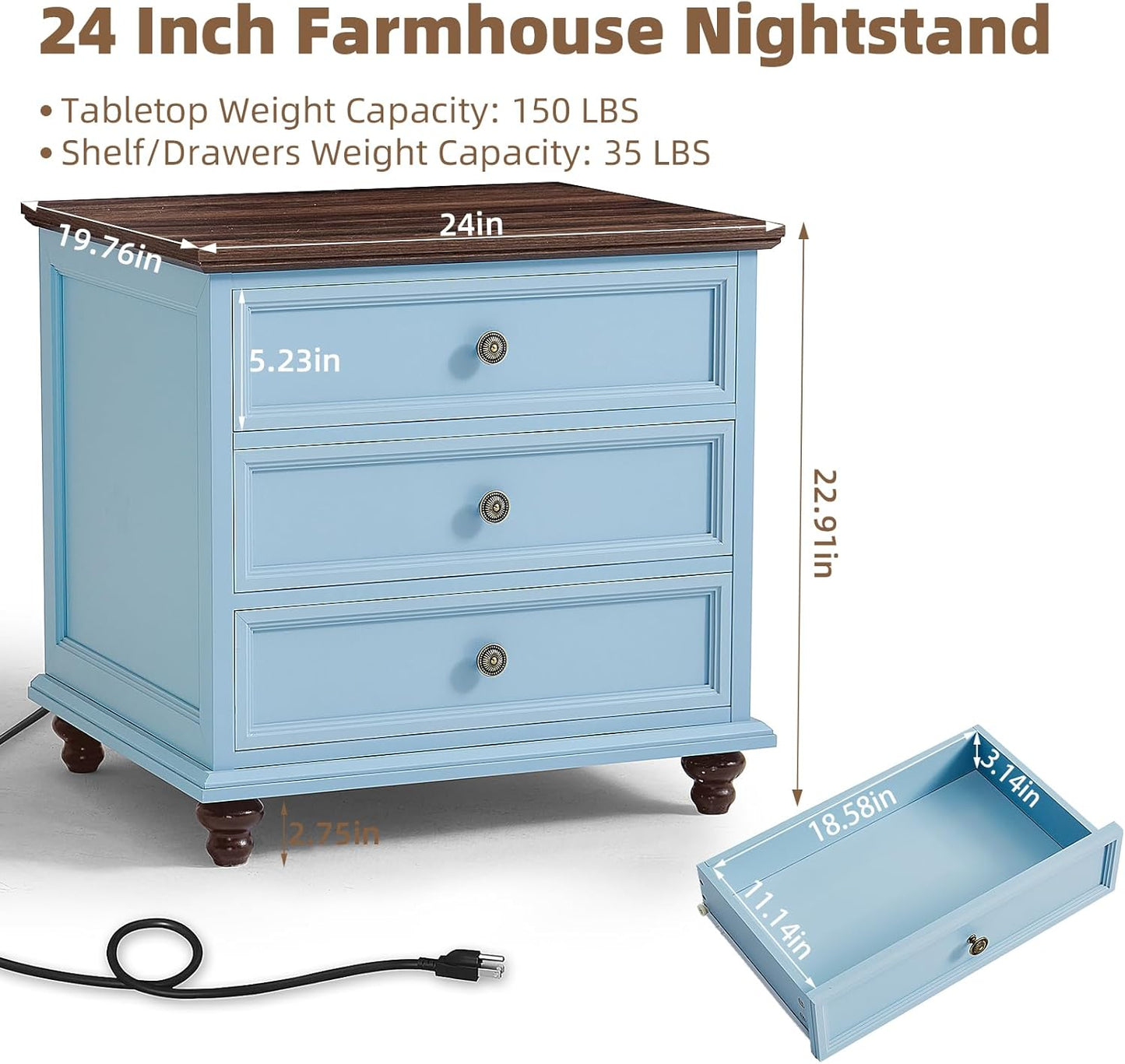 24" Wide Farmhouse Night Stand Set of 2,Large End Table with 3 Drawers & Metal Handle,Light Blue Wood Dresser for Bedroom Cabinet, Bed Side Table Chest of Drawers ,Nightstand for Living Room,Closet