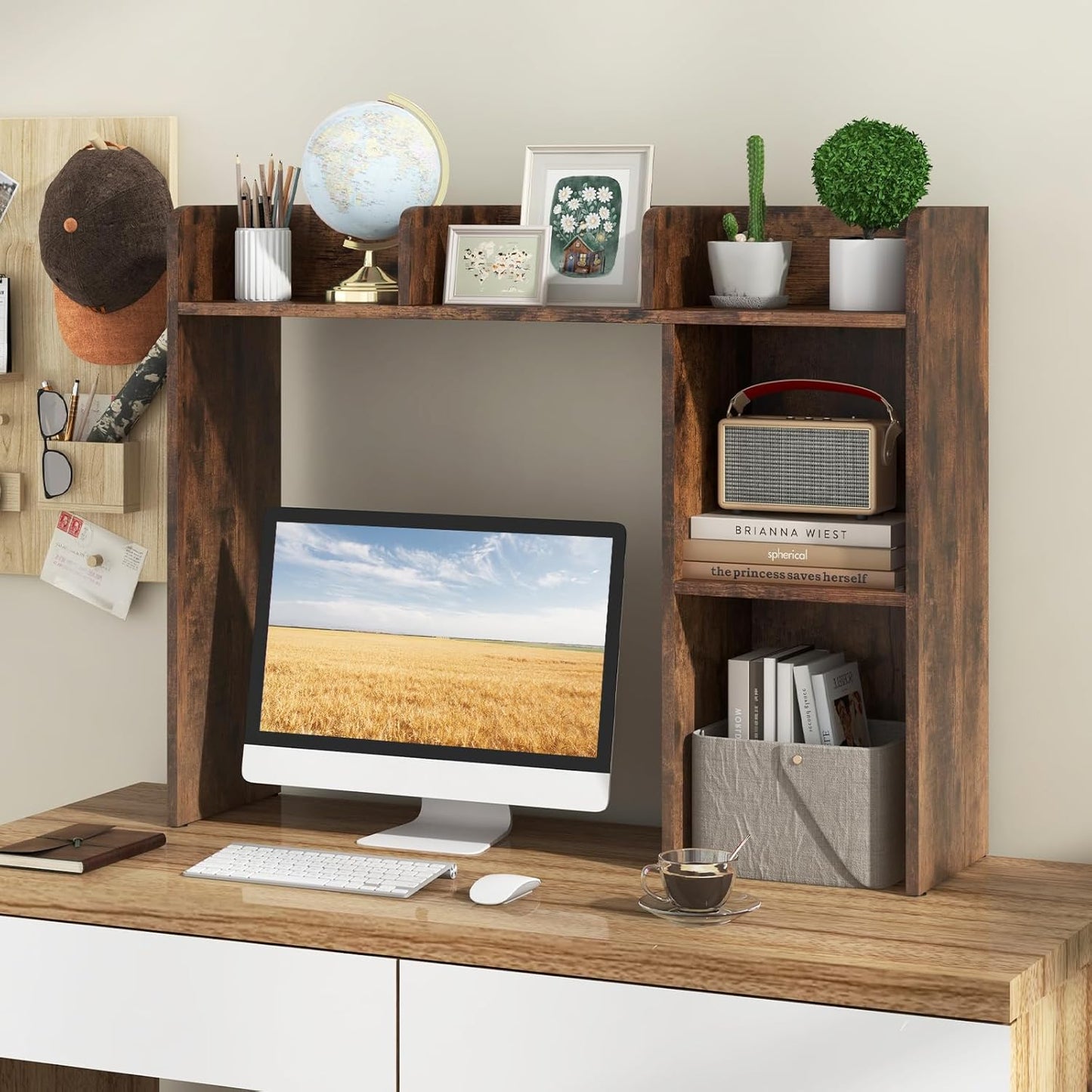 Desk Hutch, Desktop Shelf with 5 Shelves, Desk Bookshelf w/Anti-Toppling Devices, Wood Table Top Bookshelf Organizer, Small Desk Shelf for Study, Office, Dorm (Rustic Brown, 5 Shelves)